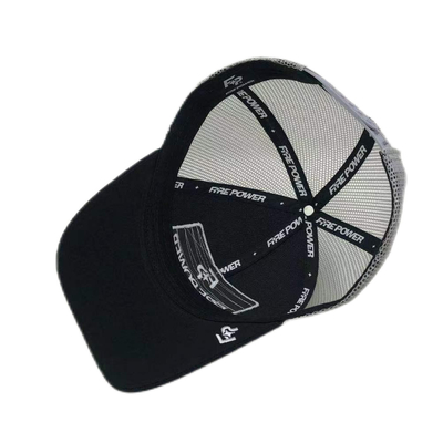 6 Panel Flat Peak Adjustable Mesh Trucker Caps With Applique Embroidery