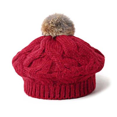 Winter Women Knit Beanie Hats 56cm Pom Pom Fur Beanie BIO Washed Cotton