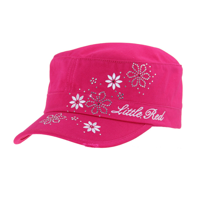 100% Red Cotton Military Cap With Custom Embroidery And Crystal On Front And Upper Peak
